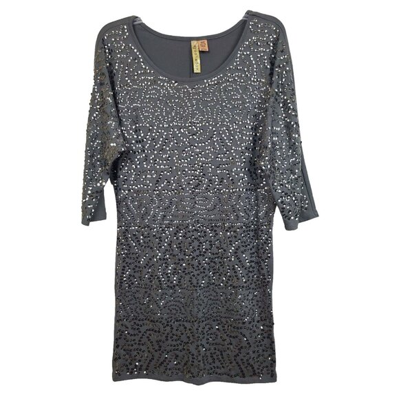 VTG Y2K Eyeshadow Womens Tunic Top Small Gray Sequined Dolman Sleeve Stretch - Picture 1 of 7